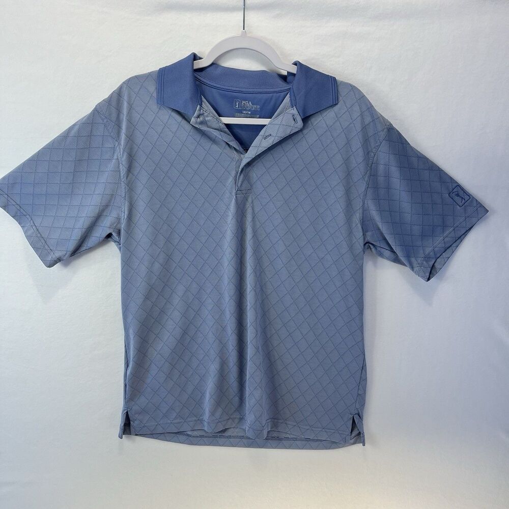 PGA TOUR Golf Polo Short Sleeve Men's Medium Blue Argyle/Diamond Pattern Casual